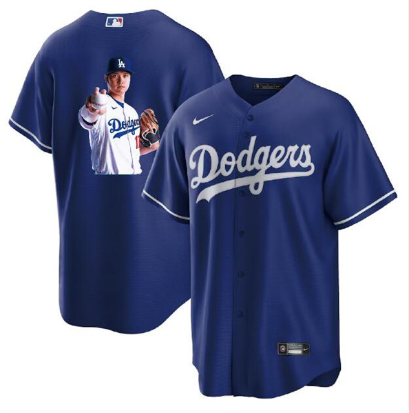 Los Angeles Dodgers #17 Shohei Ohtani Blue Big Logo Cool Base Stitched Jersey - Click Image to Close